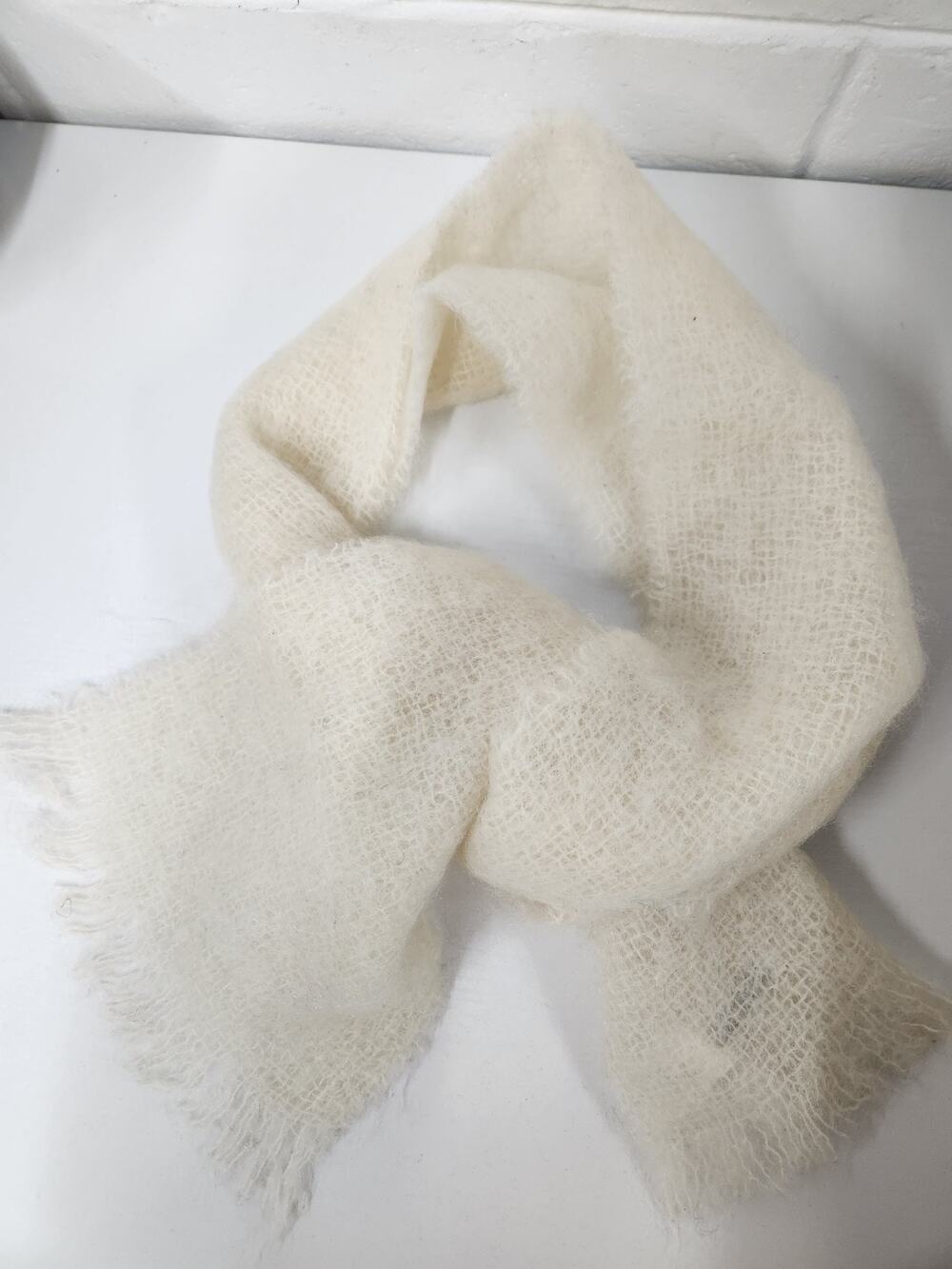 Vintage Lord & Taylor Mohair & New Wool Ivory Open Knit Scarf, Made In Scotland